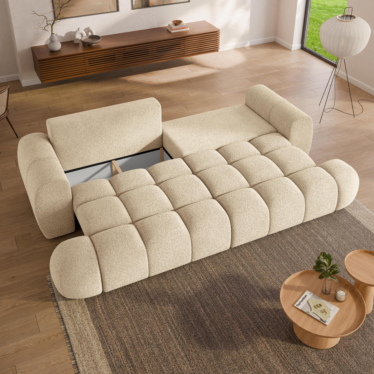 BETTSOFA DAFNE Creme Bucle-Stoff mit Schlaffunktion - Creme, Textil (300/88/113cm) - MASSENO