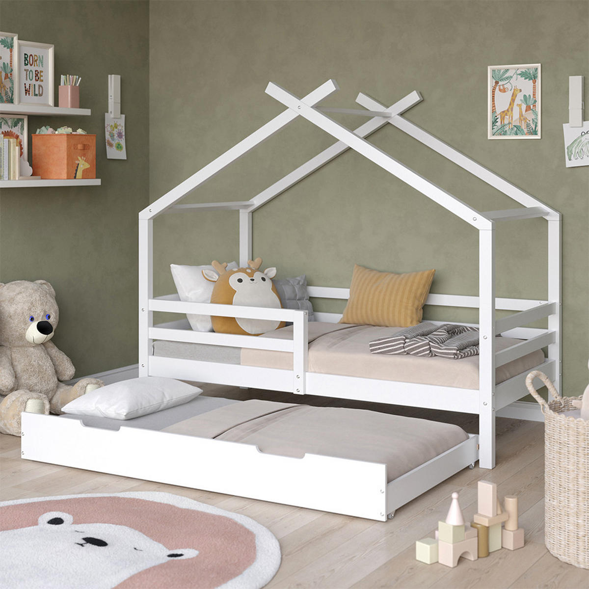 HAUSBETT Luni Weiß 160 x 80 cm mit ausziehbarem Gästebett - Weiß, Holz - VitaliSpa