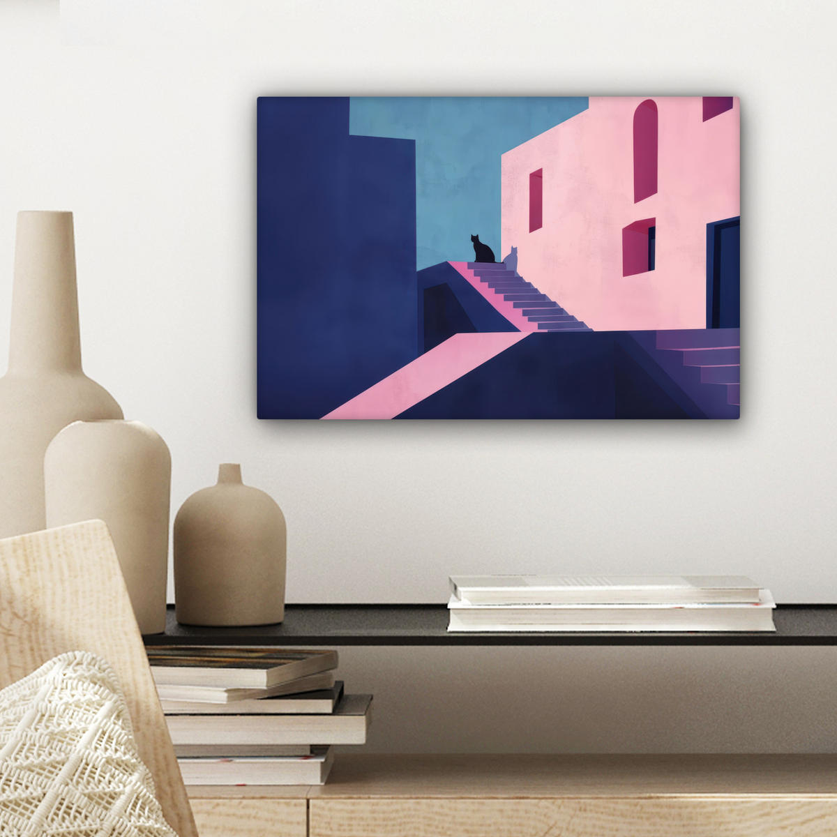 LEINWANDBILD Katze - Treppe - Gebäude - Schattenkontraste Deko Schlafzimmer 30x20 cm - Dunkelblau, Textil (30/20cm) - MuchoWow