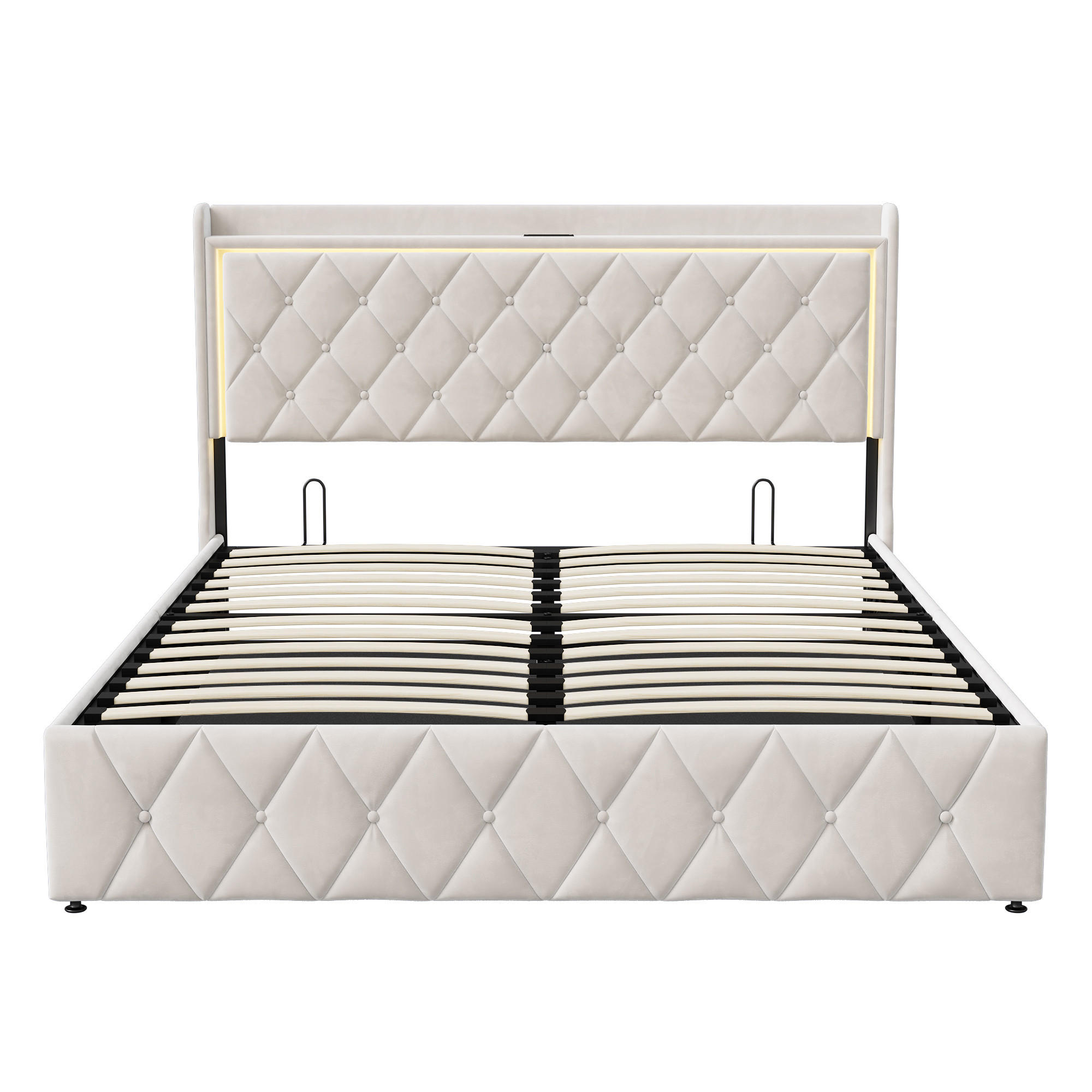 POLSTERBETT 140x200 cm Beige mit LED, USB und Type-C, Stauraumkopfteil & Bettkasten - Beige, Holz (140/190cm)