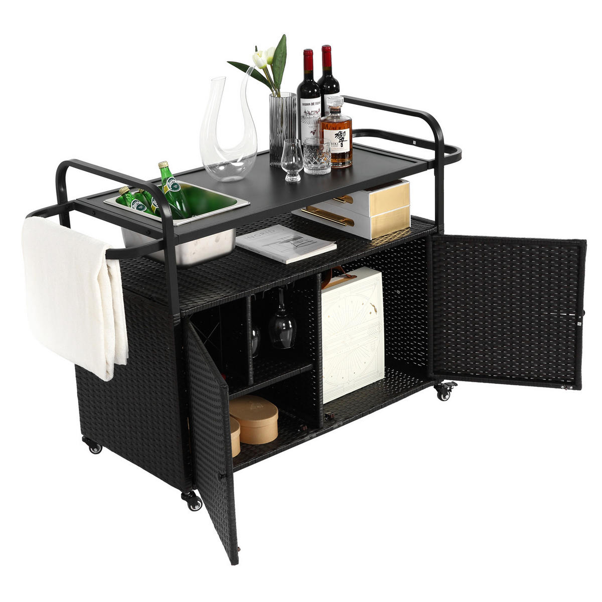 OUTDOOR-BARWAGEN 131 cm Schwarz Stahl & Rattan – Servierwagen mit Eisbehälter, Schrank & Lenkrollen - Schwarz, Metall (131/91/50cm) - Urban Meuble