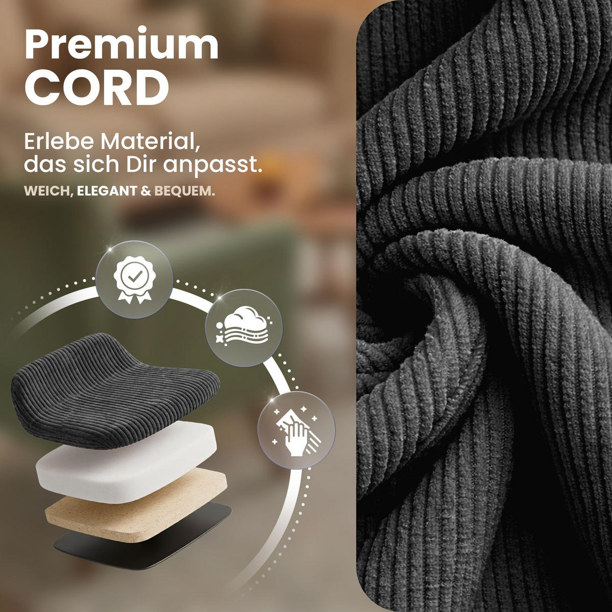 STUHL 4 Cord Grau - Schwarz/Grau, Textil/Metall (45/84/55cm) - CLP