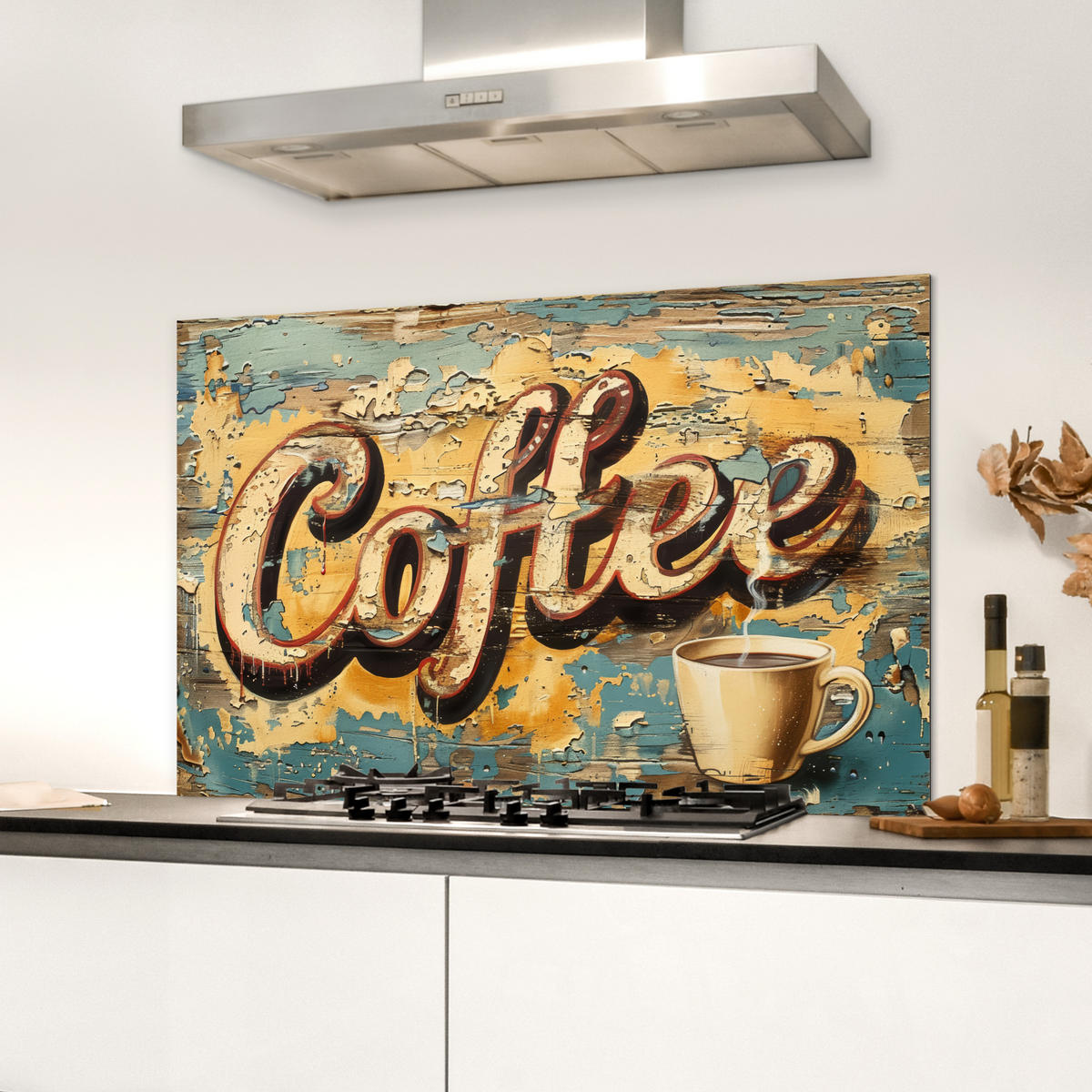 SPRITZSCHUTZ KÜCHE Kaffee - Vintage - Braun - Tasse 90x60 cm - Teakfarben, Metall (90/0.3/60cm) - MuchoWow