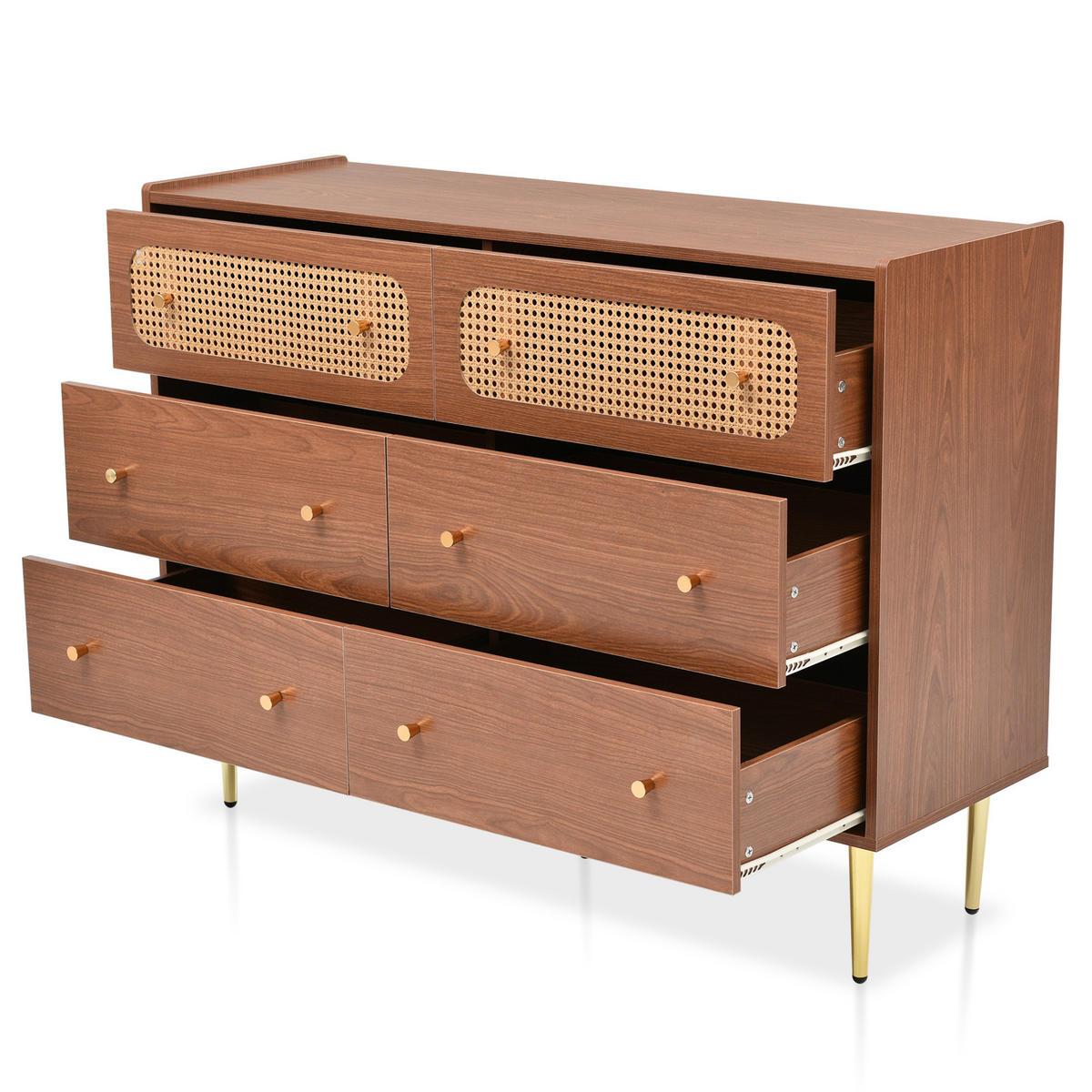 KOMMODE, 6 Schubladen, mit Metallbeinen und Rattan-Details, 120x40x90 cm, Nussbaumfarben - Nussbaumfarben, Holzwerkstoff (40/90/120cm) - Modfu