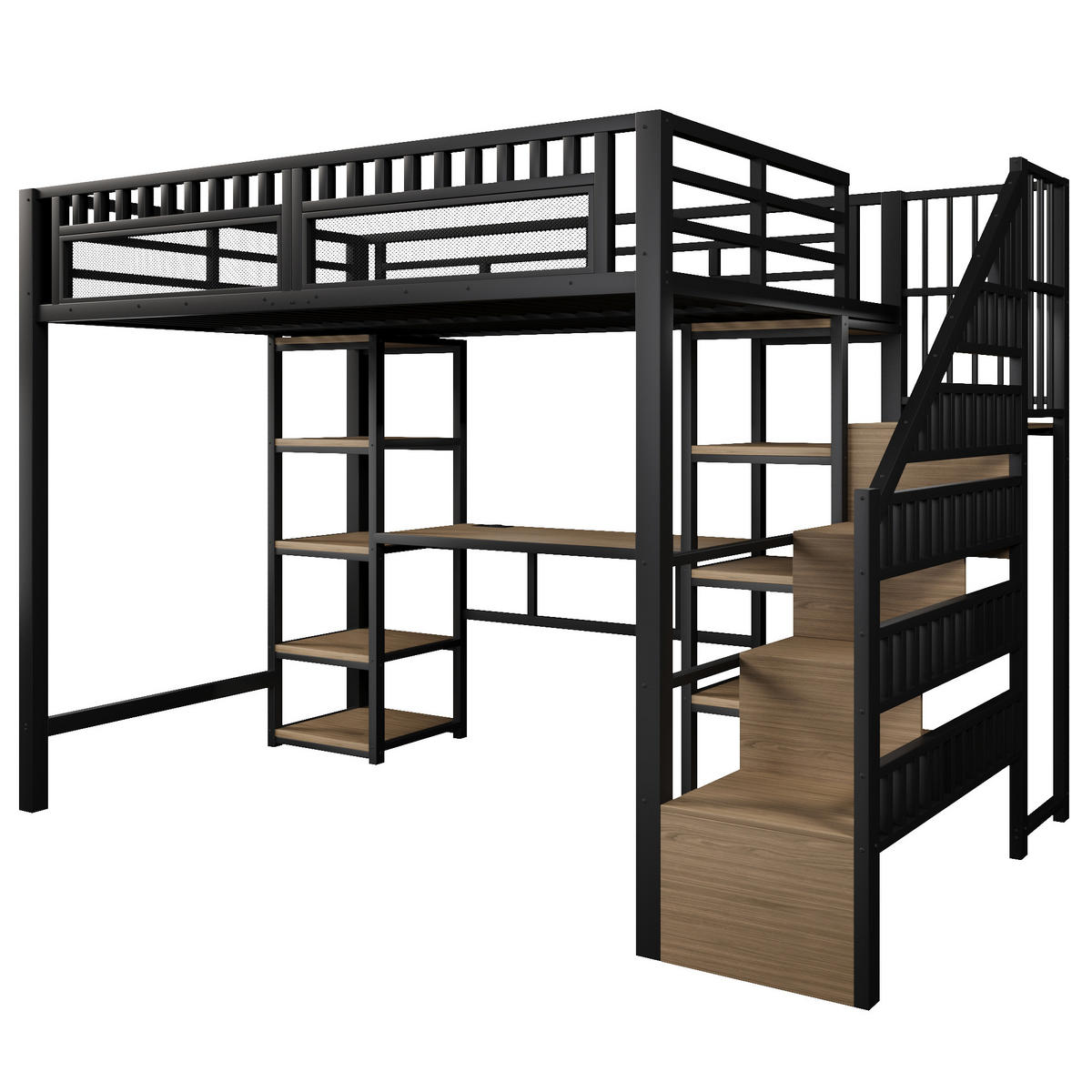 HOCHBETT 140/200 cm DE-04975, mit LED, Schreibtisch und Stauraumleiter in Schwarz - Schwarz, Metall (140/200cm) - ComfortXL