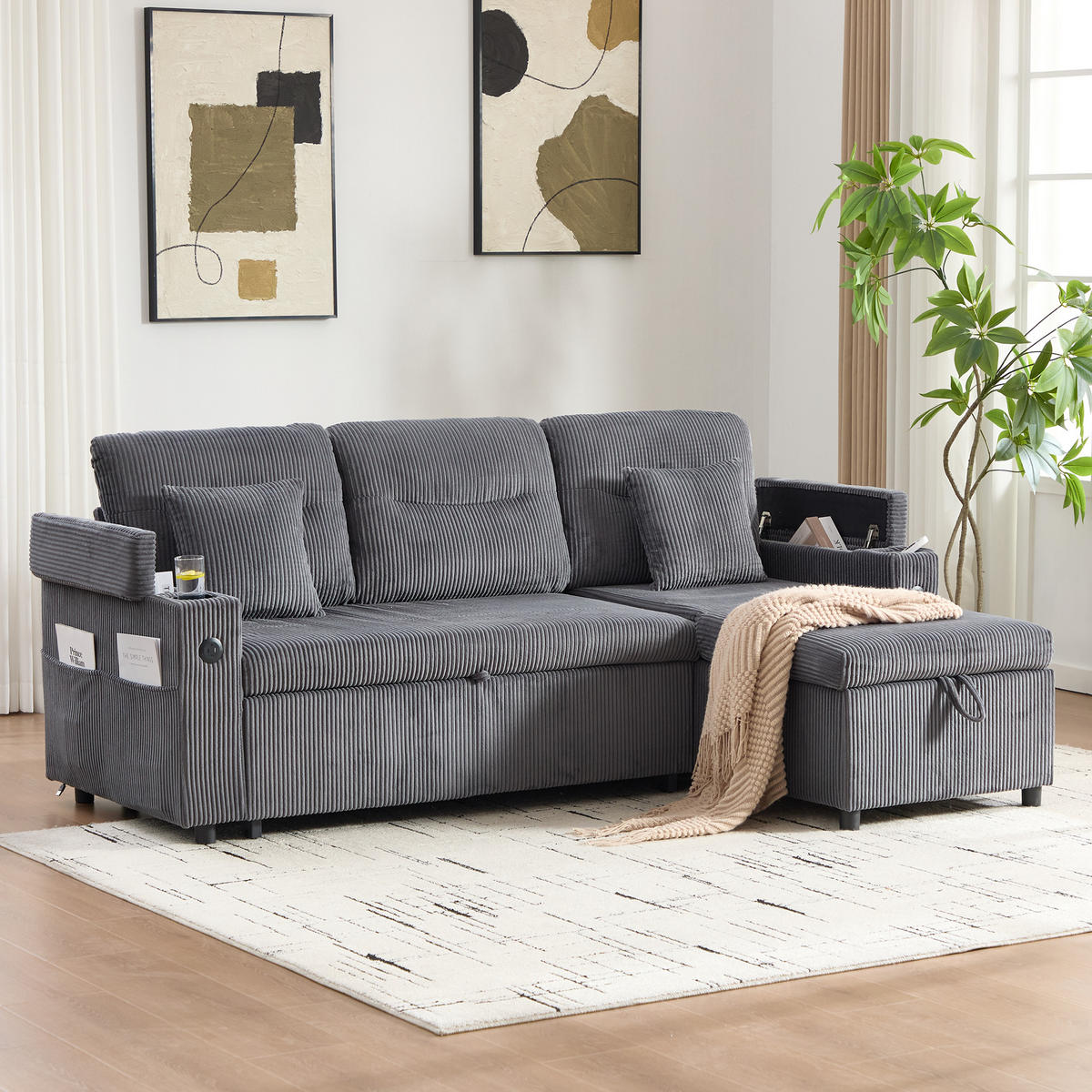 ECKSCHLAFSOFA 3-Sitzer Cord mit Stauraum Schubladenbett und USB-Anschluss Kohlegrau 212,5/136/86 cm - Grau, Textil (136/212.5cm) - Redom