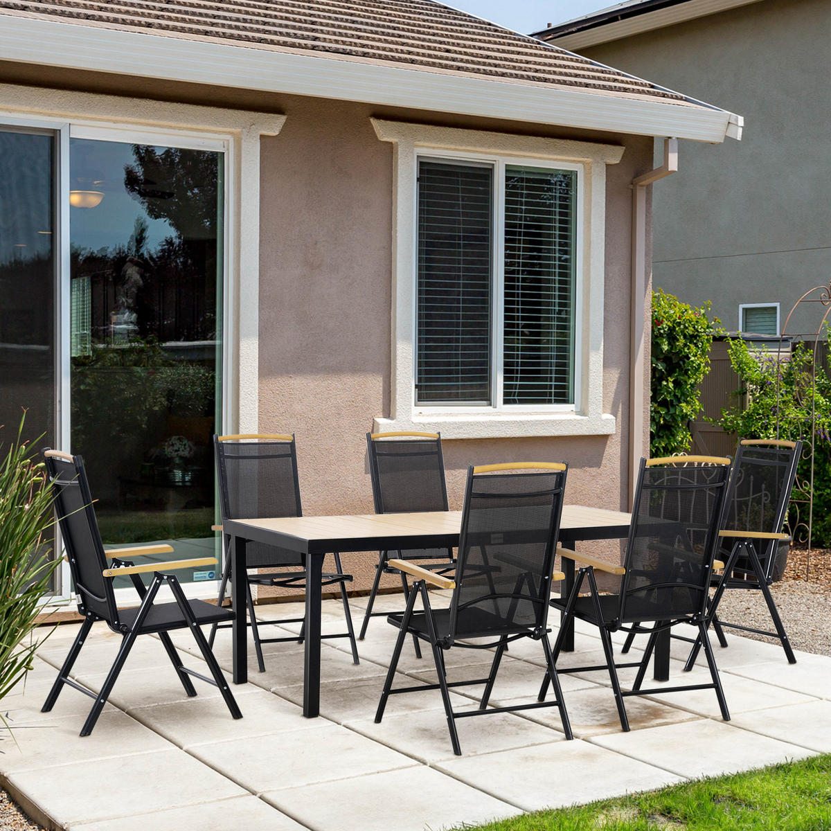 GARTENTISCHGRUPPE DE-18099 klappbar, Neigungsverstellung 7-fach Schwarz - Naturfarben, Metall - ComfortXL