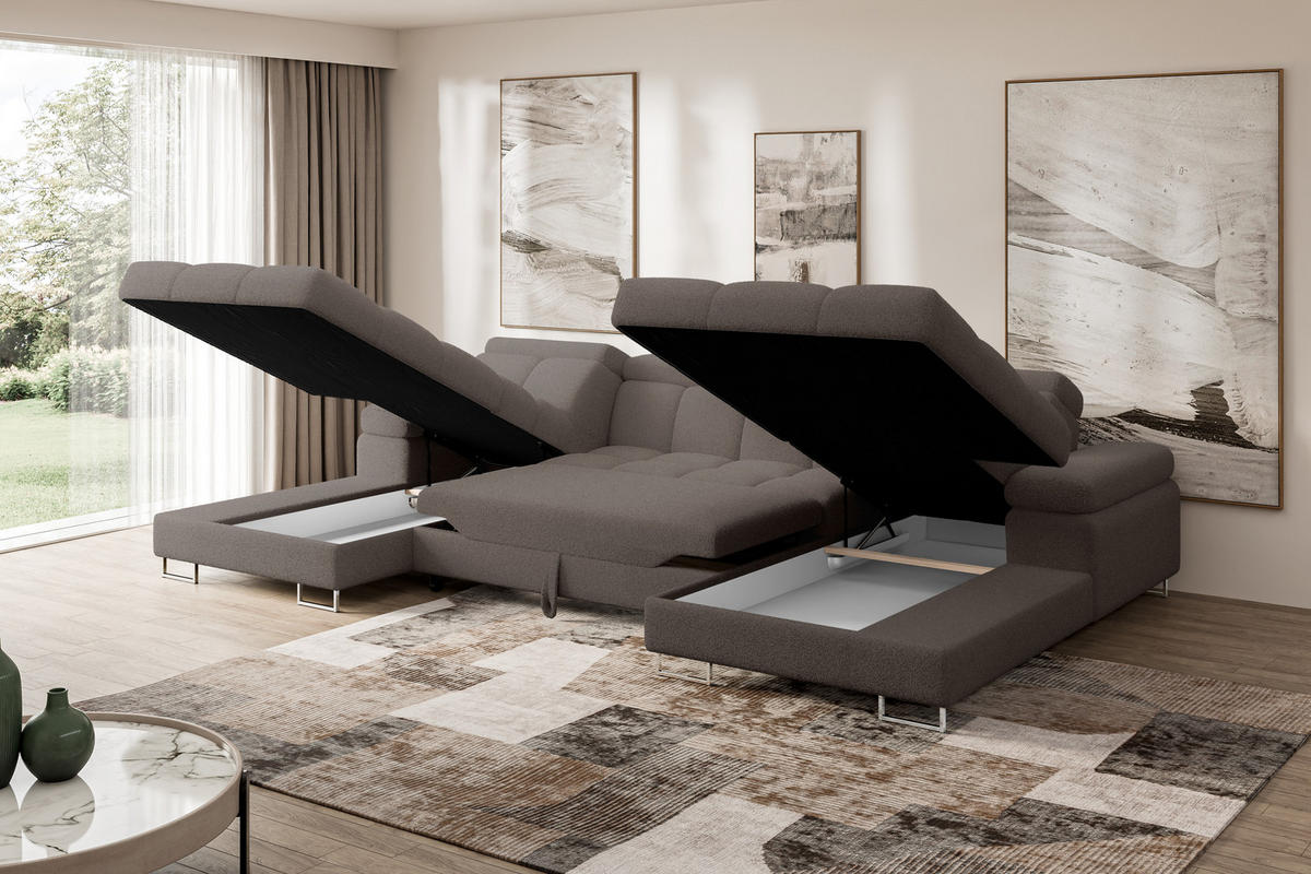 WOHNLANDSCHAFT mit Schlaffunktion und Bettkasten COMA U2 345x203x79 Braun Bouclé - Dunkelbraun, Holzwerkstoff/Textil (345/79/203cm) - ALTDECOR