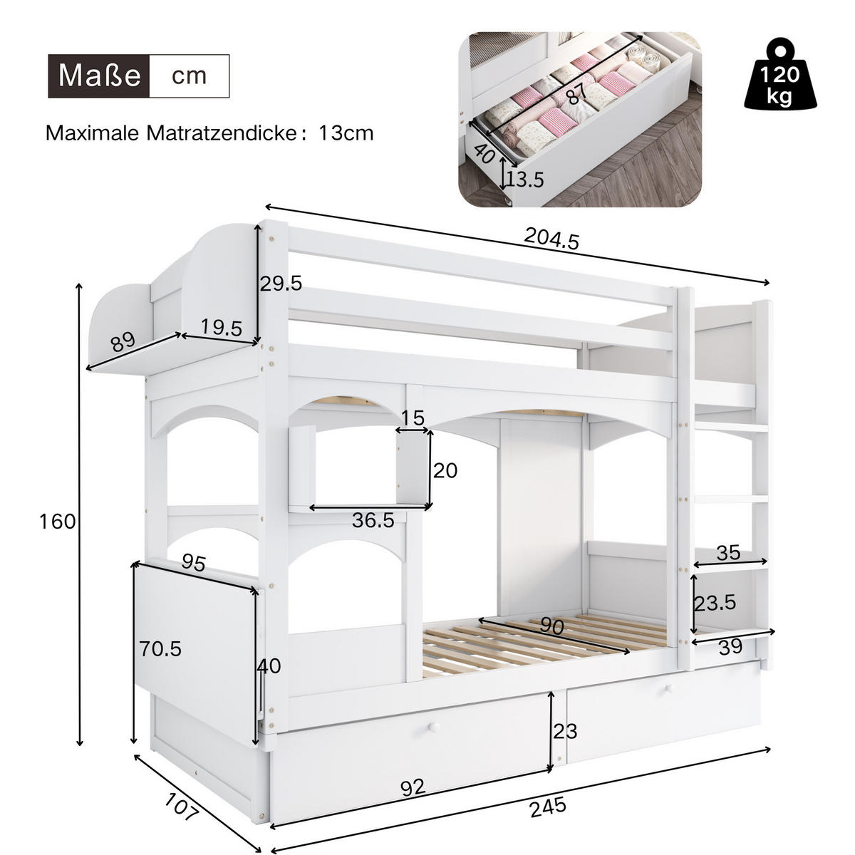 ETAGENBETT 90/200 cm Weiß mit klappbarem Schreibtisch und 2 Schubladen - Weiß, Holz (90/200cm) - OKWISH
