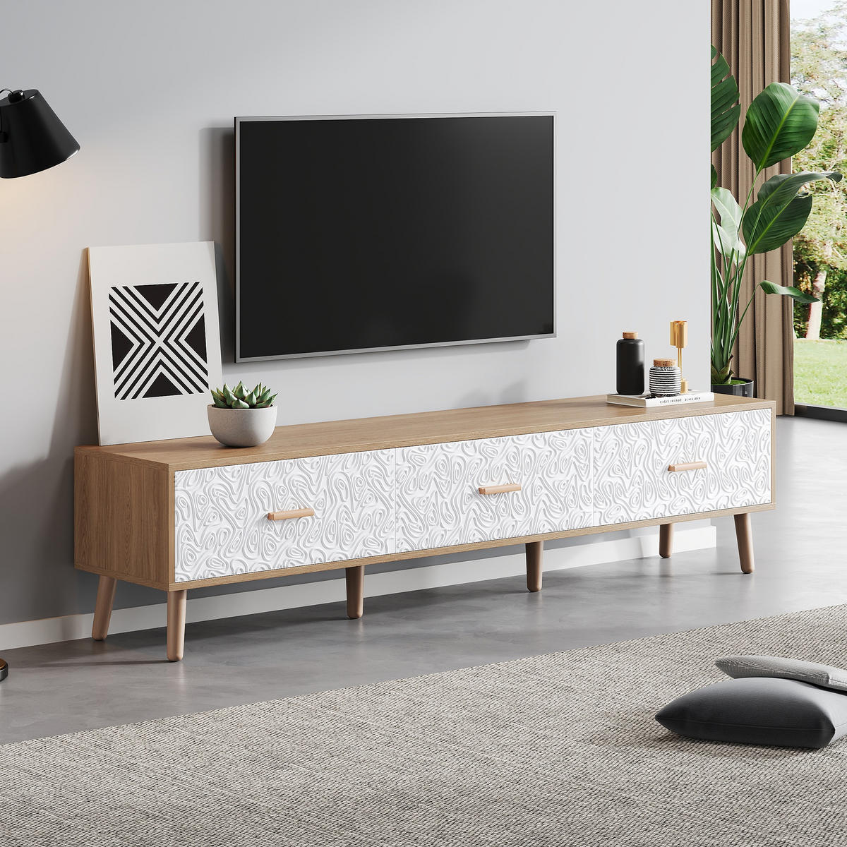 TV-LOWBOARD aus Spanplatte 150x39x35 cm Weiß/Holzfarben mit 3 Schubladen und Retro-Strukturfront - Weiß, Holzwerkstoff (150/39/35cm) - Modfu