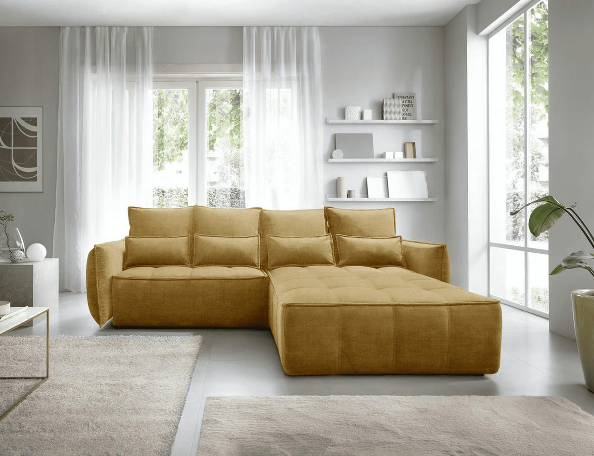 ECKSOFA mit Schlaffunktion und Bettkasten - Gelb, Textil (196/265cm) - Eltap