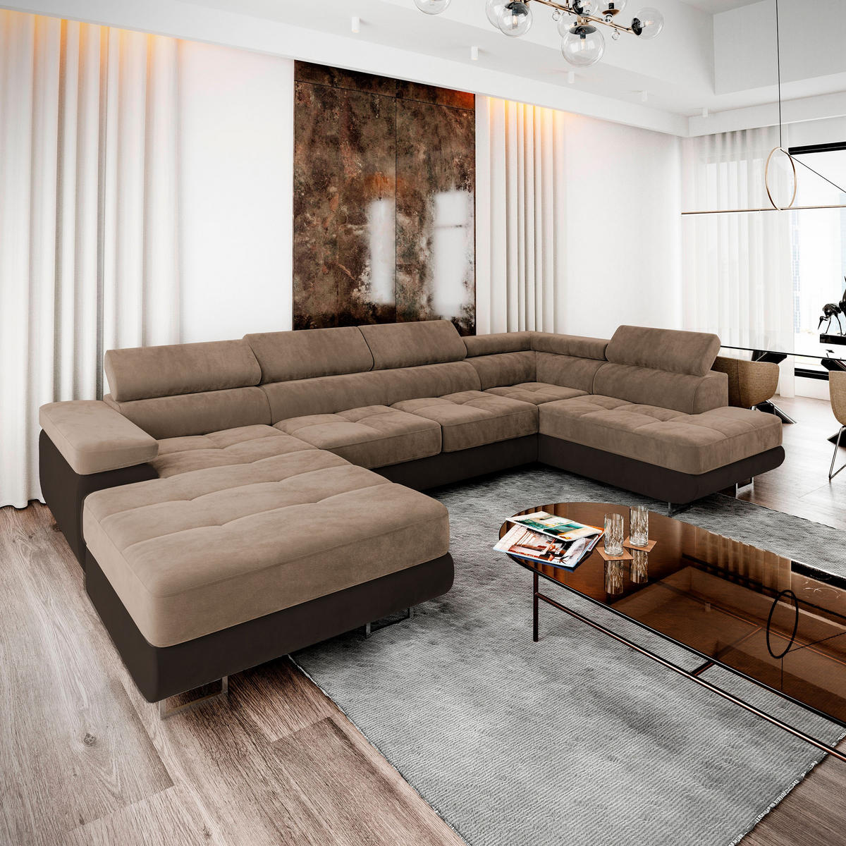 WOHNLANDSCHAFT CASONE R-S Beige Velours-Stoff mit Schlaffunktion - Beige, Holz (345/90/202cm) - MASSENO