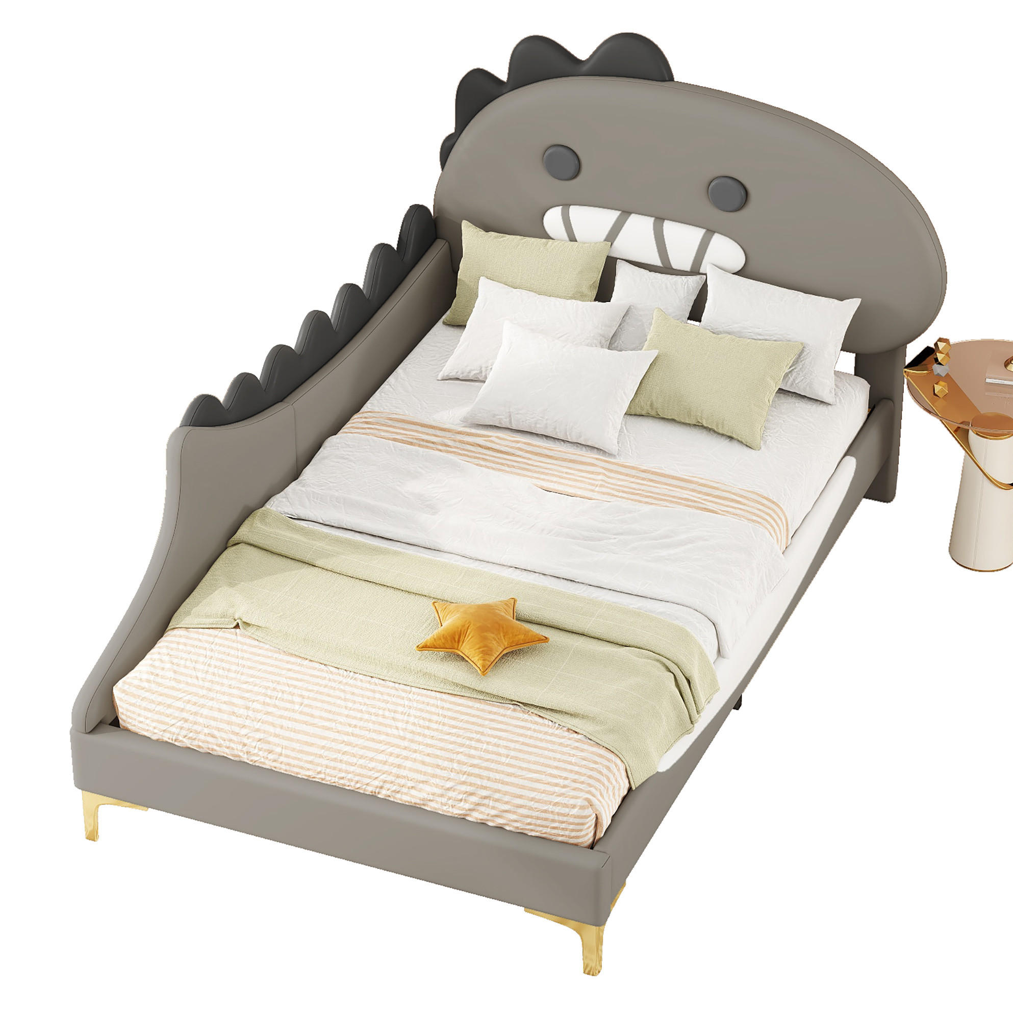 OKWISH DĚTSKÁ postel 90/200 cm šedá z PU a MDF ve tvaru dinosaura