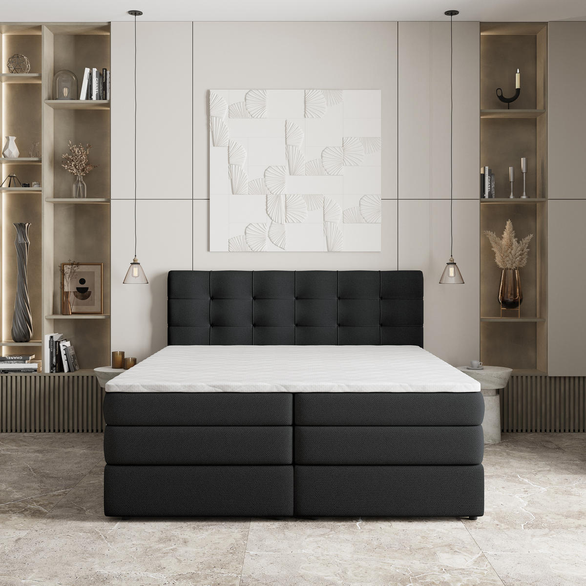BOXSPRINGBETT AREZI 160x200 cm mit Matratze und Topper - Schwarz - Schwarz, Holz (160/200cm) - MASSENO