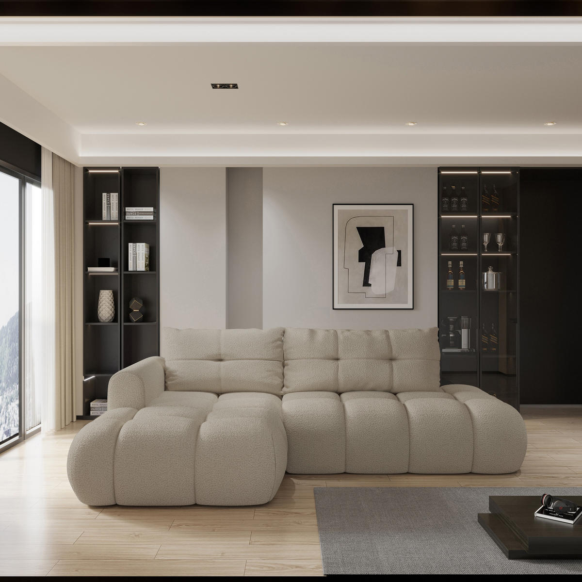 ECKSOFA FLUMA L-S Beige Boucle-Stoff mit Schlaffunktion - Beige, Holz (274/165cm) - MASSENO