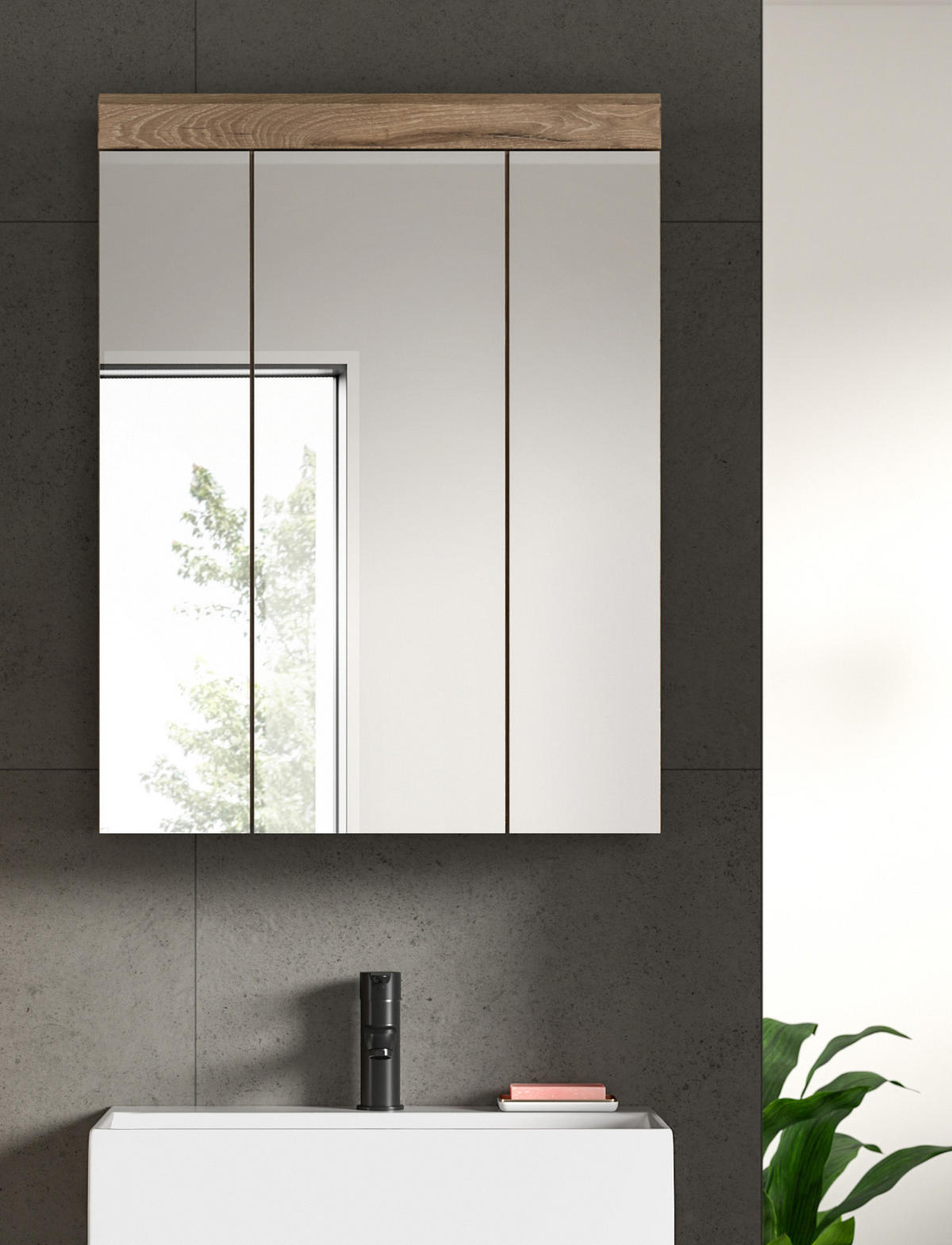 SPIEGELSCHRANK Eiche 60 cm, Badschrank 3-türig - Eichefarben, Glas/Holzwerkstoff (60/79/18cm) - Inn.Furn