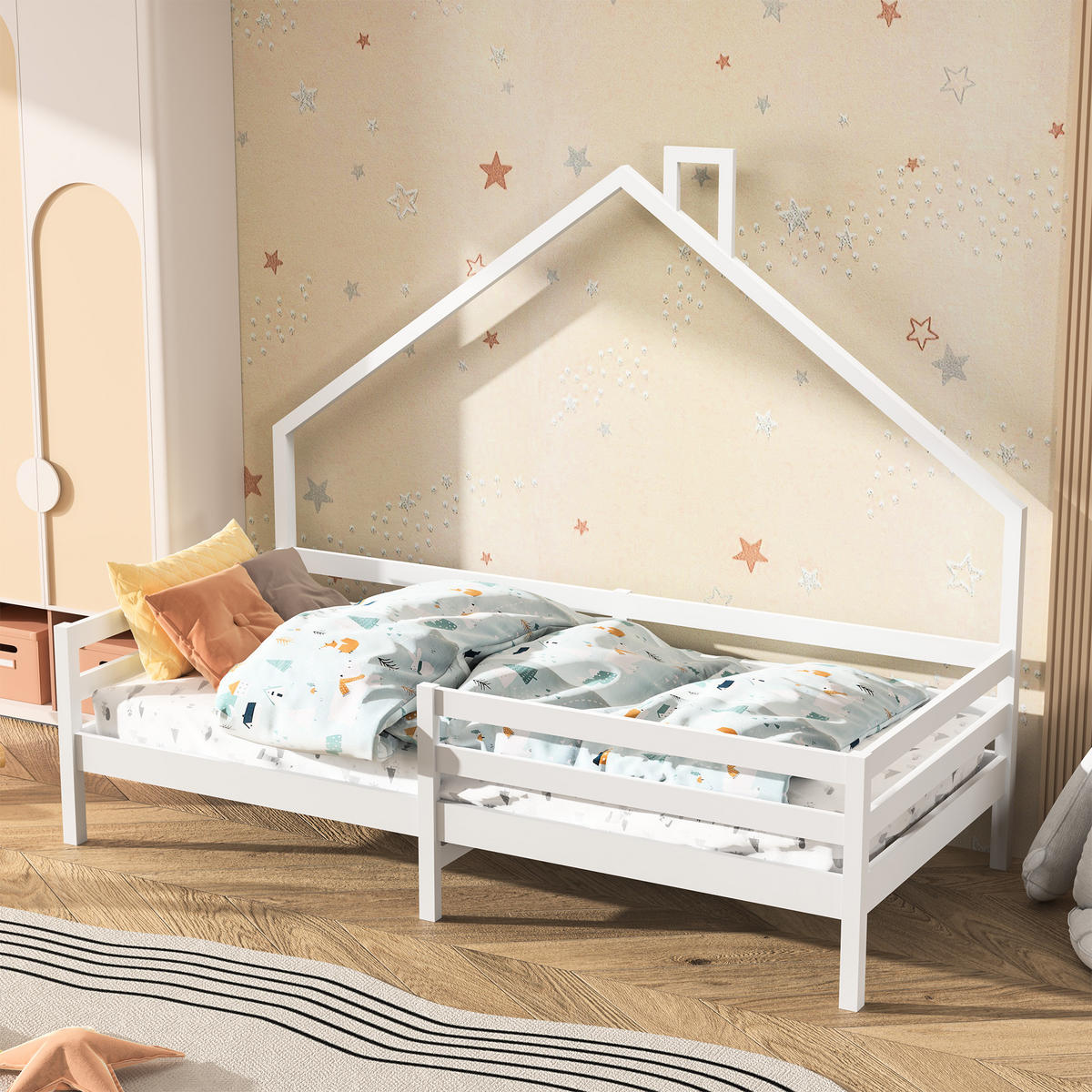 HAUSBETT 90x200cm mit Rausfallschutz und Lattenrost, Weiß - Weiß, Holz (90/200cm)
