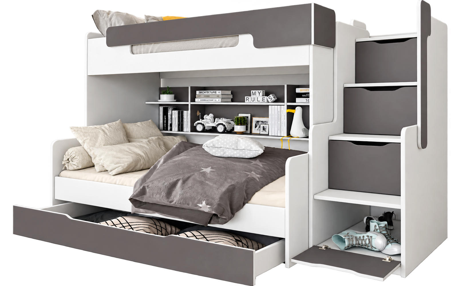 ETAGENBETT HARRY 260x129 cm – Stockbett für 2 Personen mit Treppe, Stauraum und 2 Matratzen - Dunkelgrau, Holz (120/200cm) - Wohnideebilder