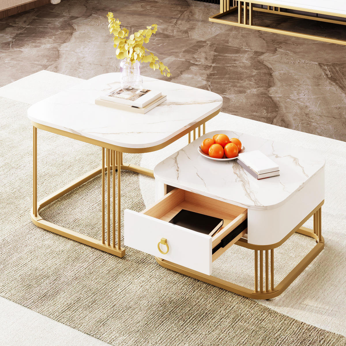 COUCHTISCH Weiß Gold 2er-Set 60/60/45 cm 50/50/34 cm - Weiß, Holzwerkstoff (60/60/45cm) - PANGIVO