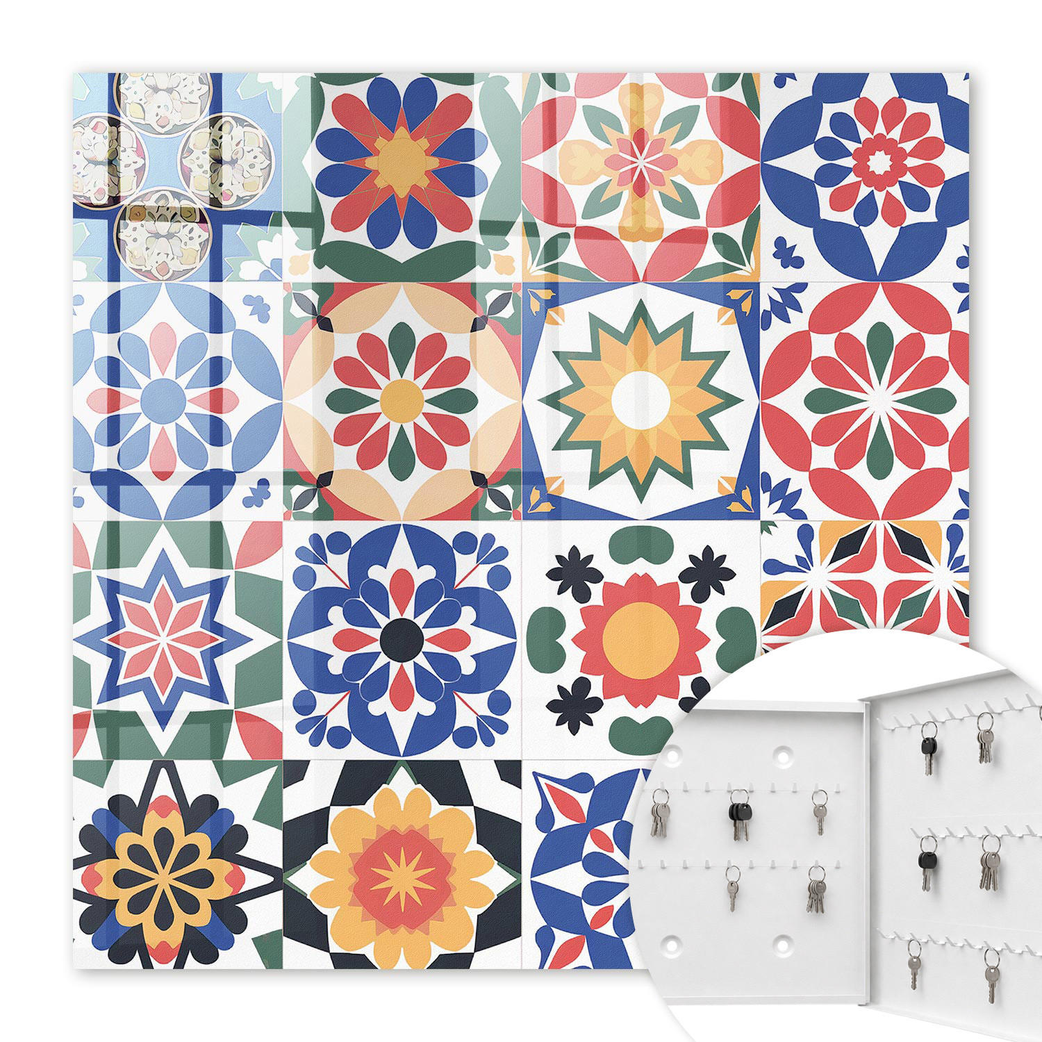 SCHLÜSSELBOX Weiß 30x30 cm – Türöffnung nach rechts - Blumenmosaik - Blau, Metall (30/30/5cm) - TULUP
