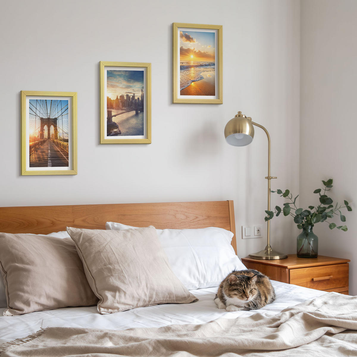 BILDER SET 3er Set - 20x30 cm Goldrahmen - Brücken, Sonnenuntergänge, Stadt - Goldfarben, Kunststoff (20/30cm) - TULUP