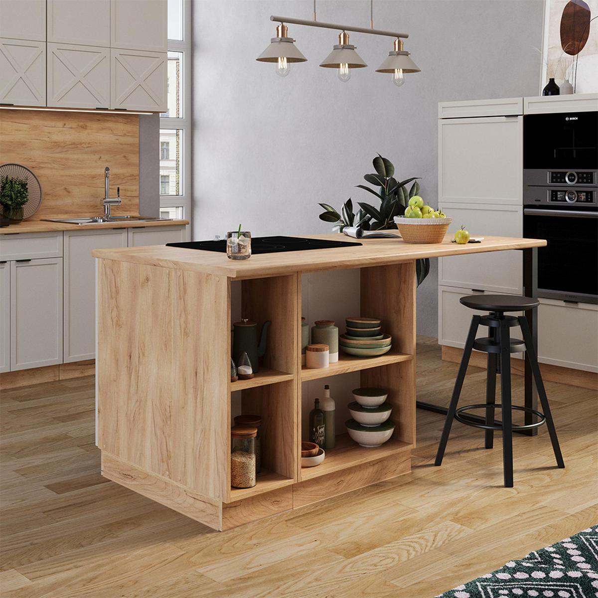 KÜCHENINSEL Fame-Line GrauBeige 90 cm mit Schublade, ohne AP - Honigeiche/Grau, Holzwerkstoff (90/82/60cm) - Vicco