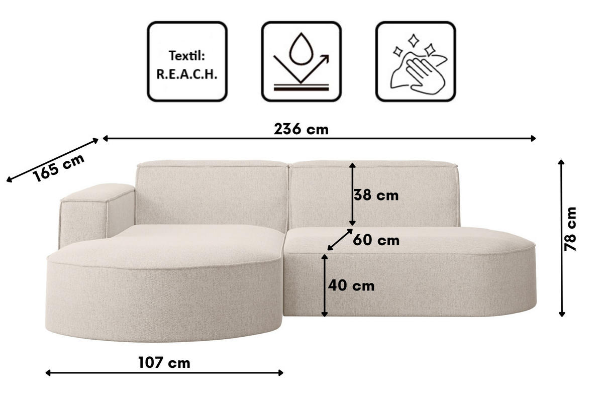 ECKSOFA MODENA L STUDIO Stoff Verita Ecru Links - Ecru, Holz (165/236cm) - Kaiser Möbel
