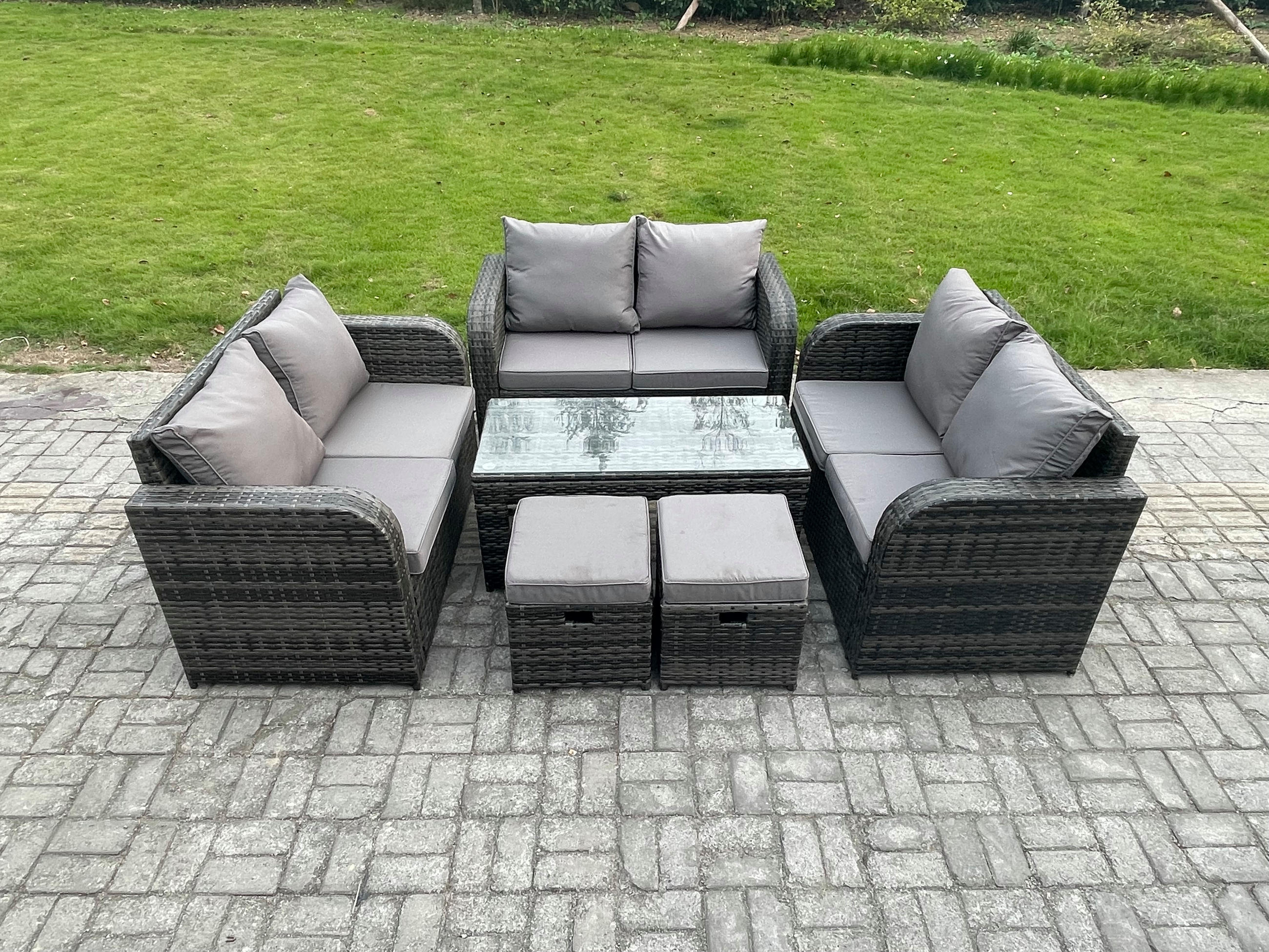 GARTENSOFA SET mit rechteckigem COUCHTISCH Polyrattan 8-Sitzer Dunkelgrau - Dunkelgrau/Grau, Glas/Kunststoff - Fimous