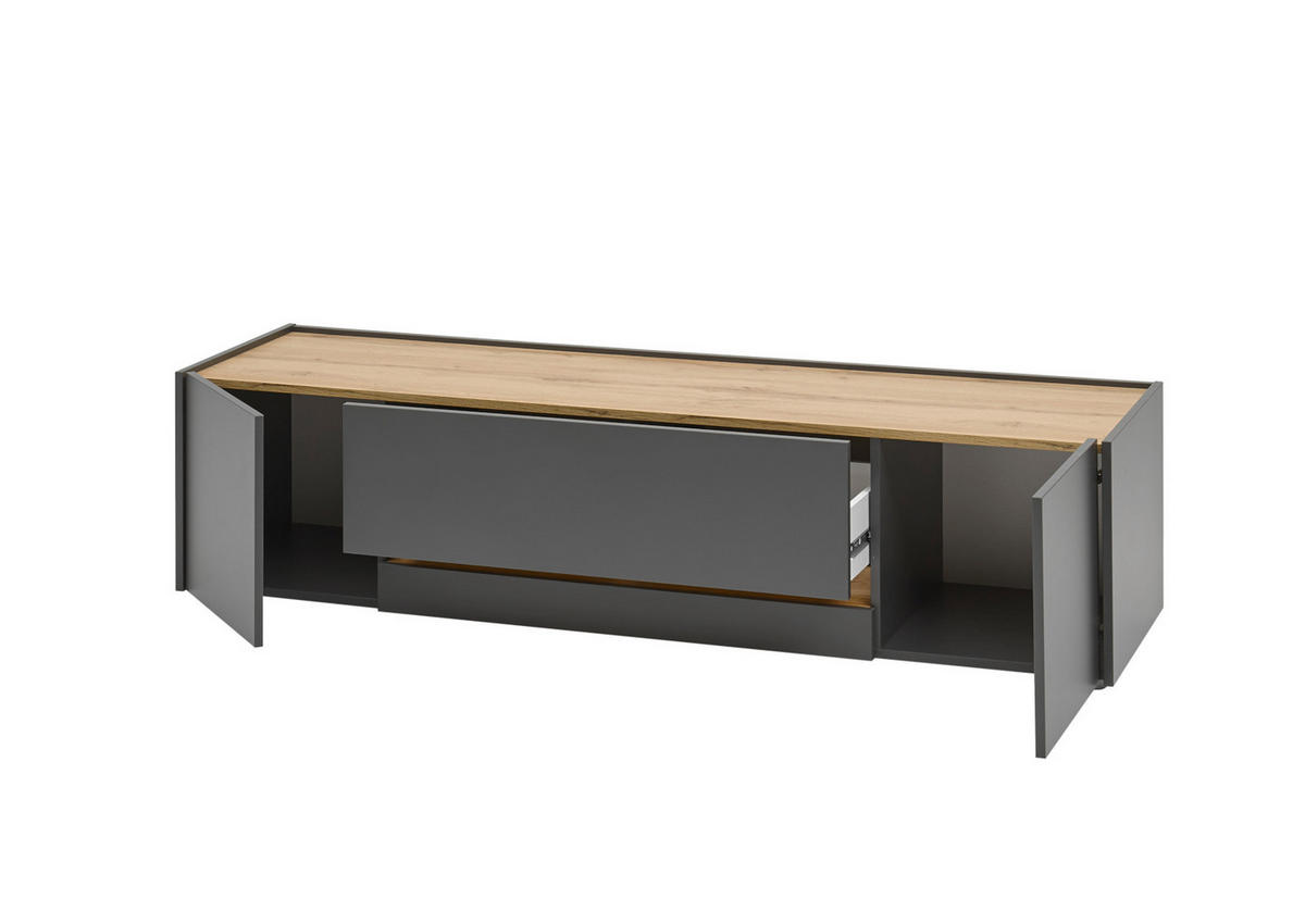 WOHNWAND 4-teilig grau matt, Eiche Wotan 310 cm, Wohnkombination, viel Stauraum - Eiche Wotan/Grau, Glas/Holz (310/197/45cm) - Furn.Design