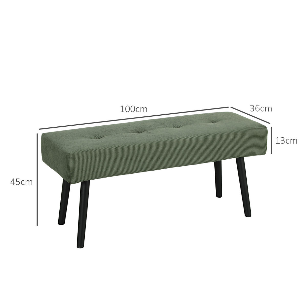 SITZBANK Polsterbank mit Cordbezug, Bettbank mit Metallbeine, Schuhbank Grün - Grün, Kunststoff (36/45/100cm) - HOMCOM