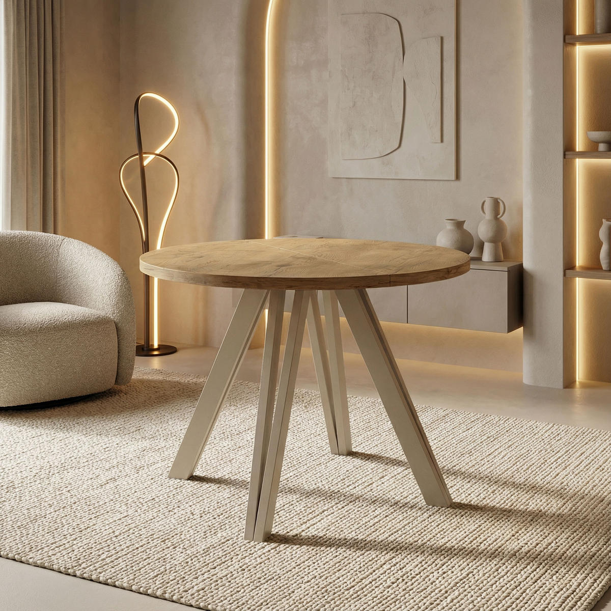 ESSTISCH Ravero runder ausziehbarer, Eiche Hell Braun 100-180/100/77 cm - Kaschmir/Eichefarben, Holz/Holzwerkstoff (100/100/77cm) - WFL GROUP