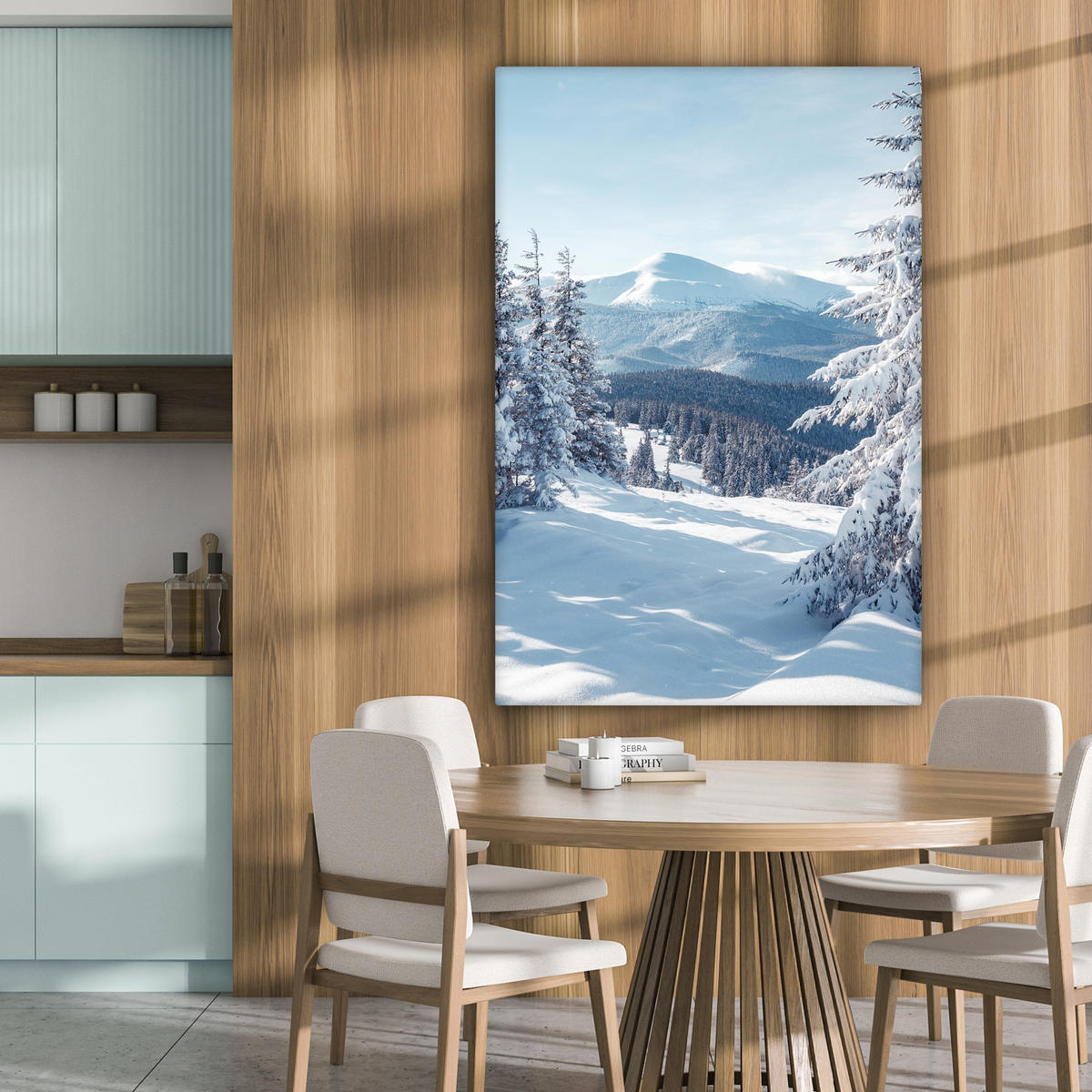 LEINWANDBILD Winterlandschaft - Natur - Berge - Bäume - Schnee 90x140 cm - Hellblau, Textil (90/140cm) - MuchoWow