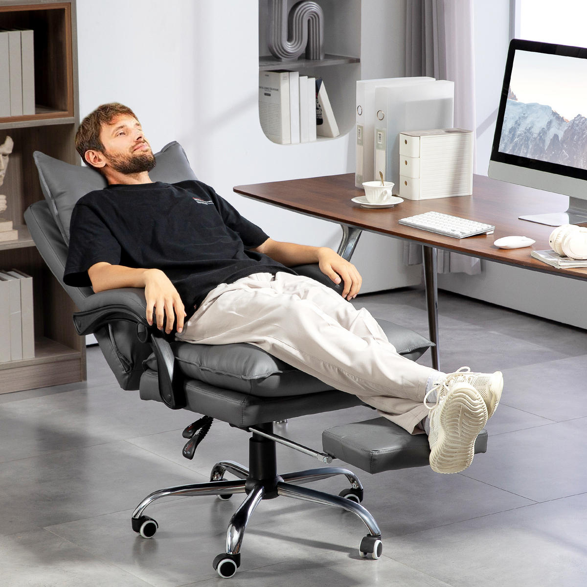 BÜROSTUHL mit Liegefunktion, ergonomisch Schreibtischstuhl Drehstuhl Dunkelgrau - Dunkelgrau, Kunststoff (72/130/66cm) - Vinsetto