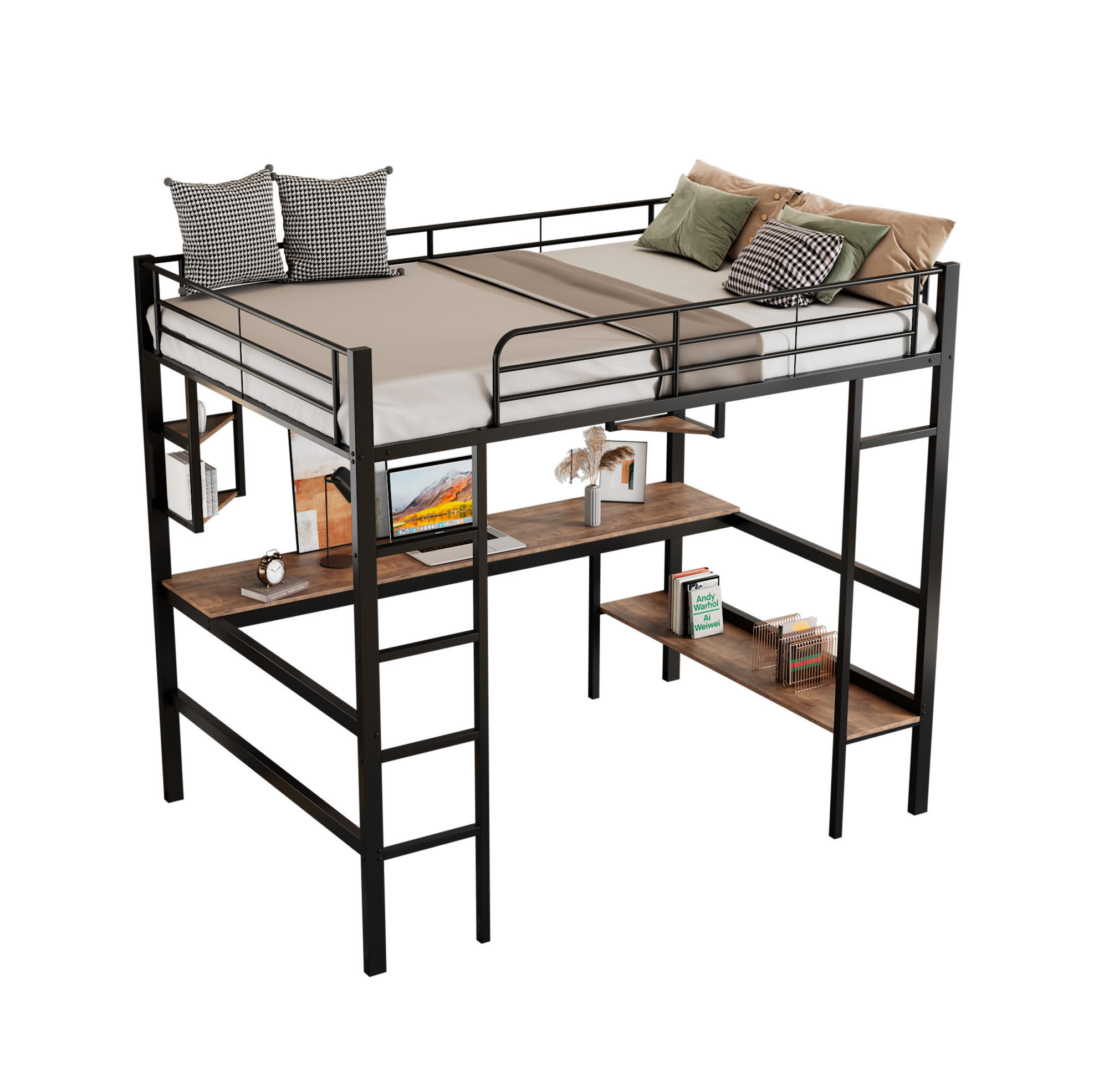 HOCHBETT 90/200 cm Schwarz aus Metall mit Schreibtisch und Bücherregal - Schwarz, Metall (90/200cm) - OKWISH