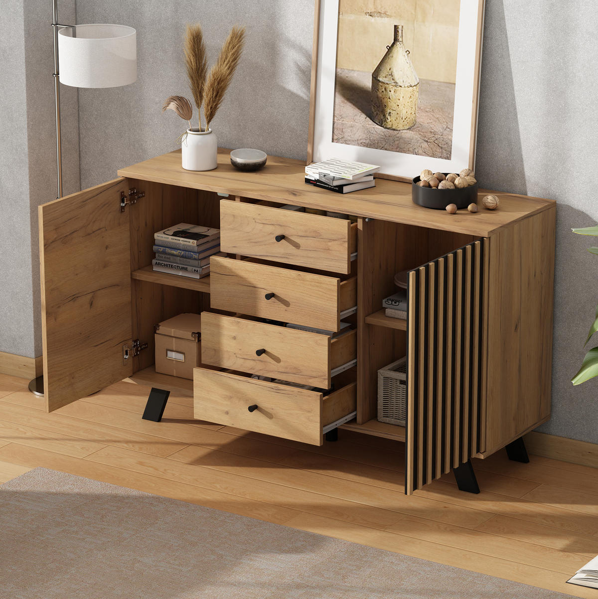 SIDEBOARD 120/38/75 cm mit 2 Türen & 4 Schubladen in Schwarz/Natur - Schwarz, Holzwerkstoff (120/75/38cm) - BEAOK