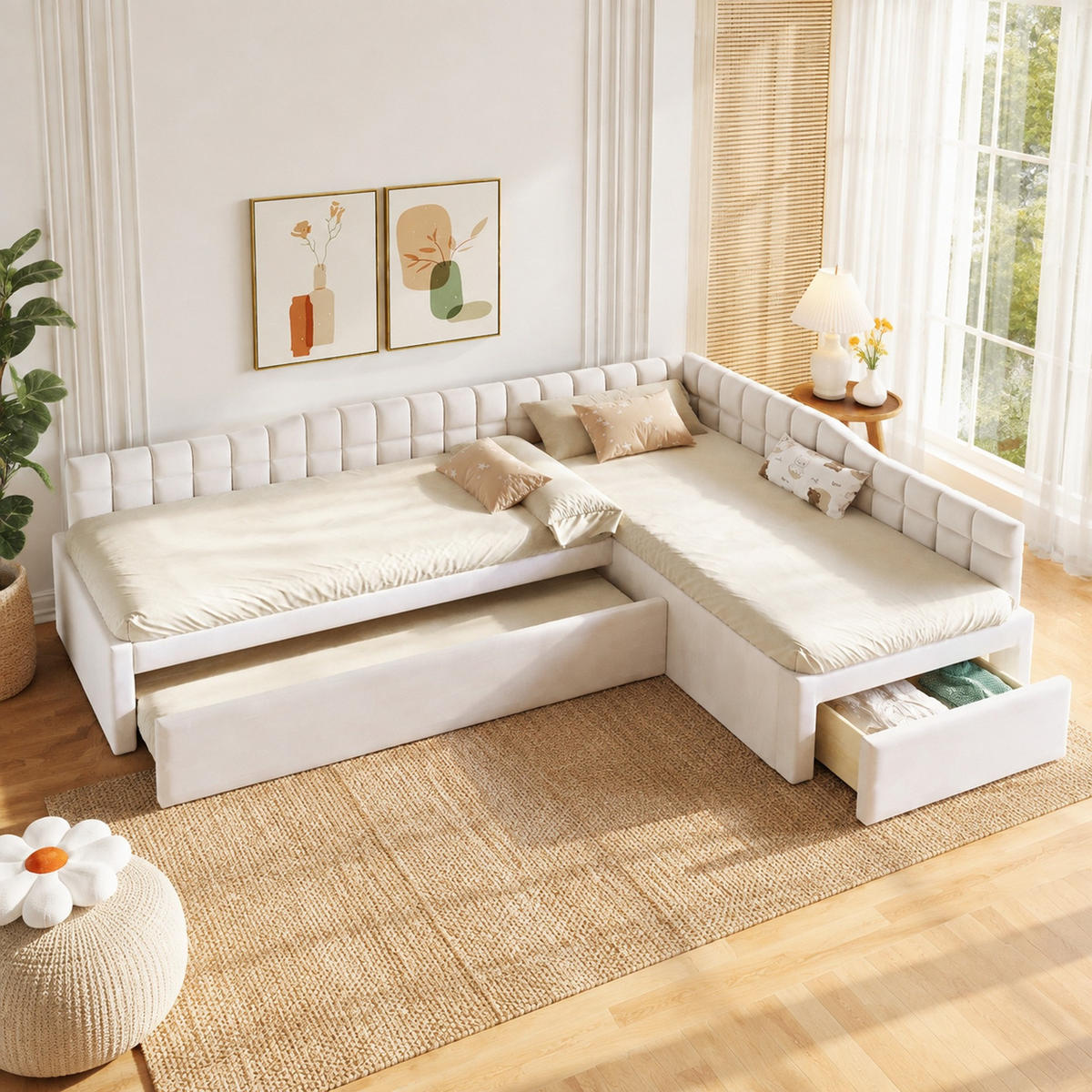 POLSTERBETT 90/200 mit Ausziehbett, Schubladen und Samtbezug in Beige - Beige, Holzwerkstoff/Textil (90/200cm) - EVRYAE