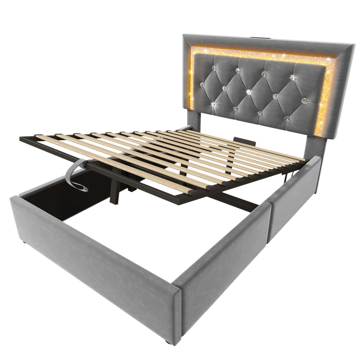 POLSTERBETT Samt 90x200 cm Grau mit Matratze, LED-Beleuchtung, USB- und Type-C-Anschluss - Grau, Textil (90/200cm) - IVMEU
