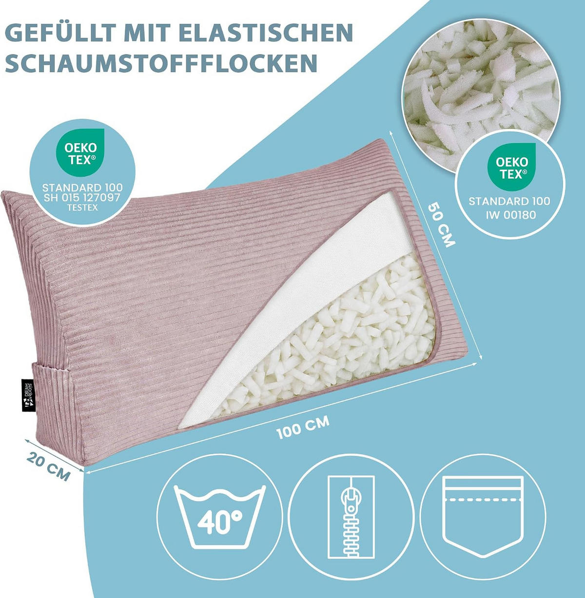 KEILKISSEN Silver Pink, 100/50/20 cm, Cord - Pink, Textil (100/20cm) - Dreamroots