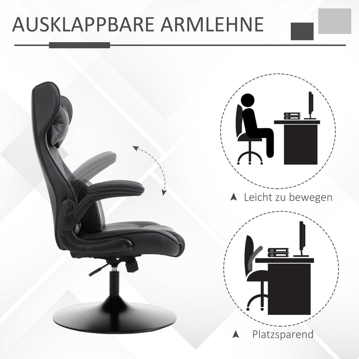 GAMING Stuhl, Drehstuhl, Schwarz - Schwarz, Leder (71/112/67cm) - Vinsetto
