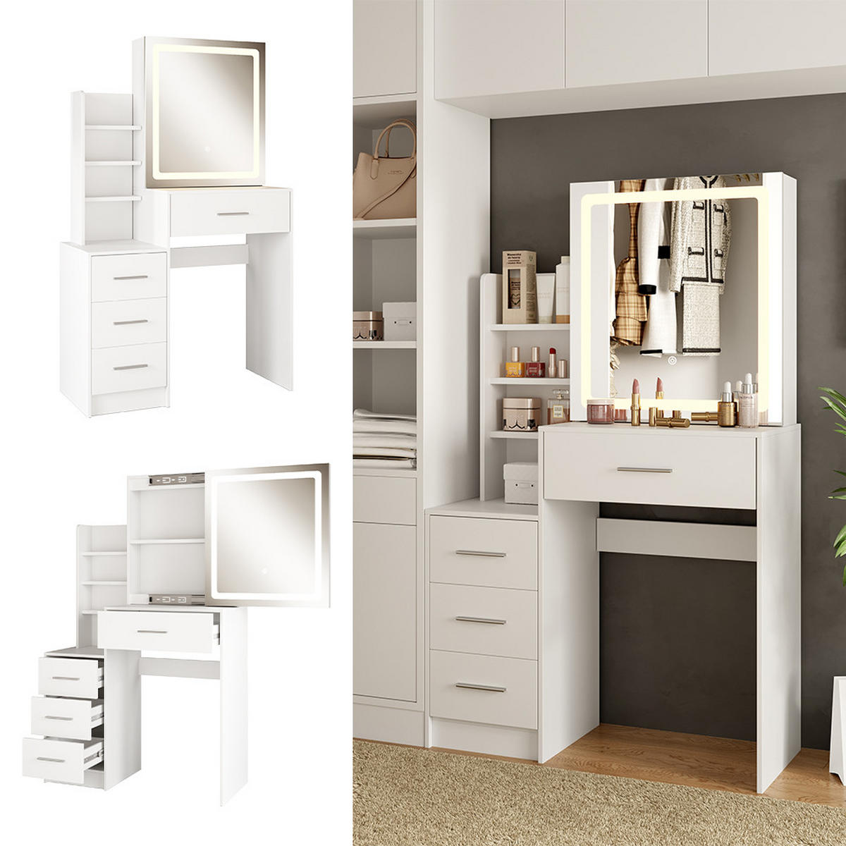 SCHMINKTISCH Lisca Weiß 80 cm mit LED-Spiegel - Weiß, Holzwerkstoff (80/131.6/36cm) - Vicco