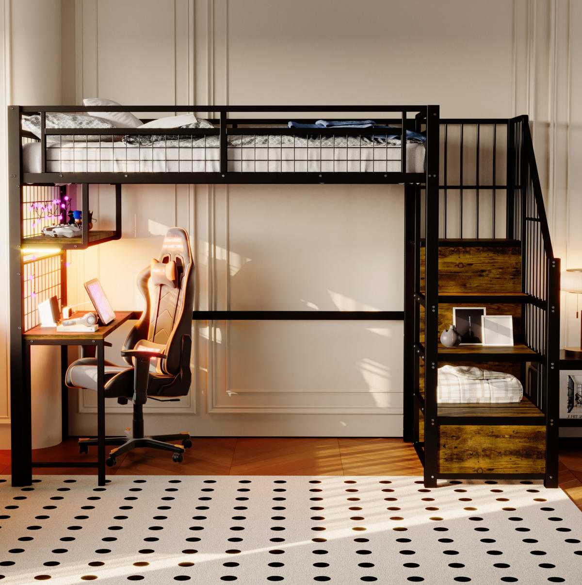 HOCHBETT 90/200 cm aus Metall und MDF mit Schreibtisch, LED-Lichtleiste und Stauraumtreppe Schwarz - Schwarz, Metall (90/200cm) - Modenvie