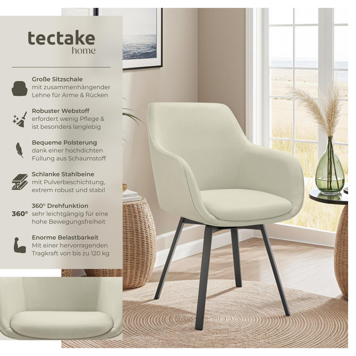 ARMLEHNSTUHL drehbarer 2er Set Alicon 57 x 59 x 88 cm greige - Greige, Textil (57/88/59cm) - tectake