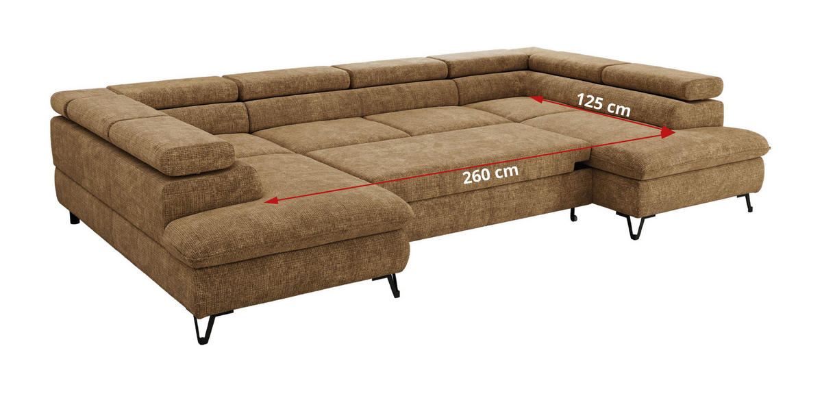 WOHNLANDSCHAFT PABLO U Schenille grob gewebt Hellbraun - Hellbraun/Schwarz, Textil/Metall (346/76/208cm) - MKS