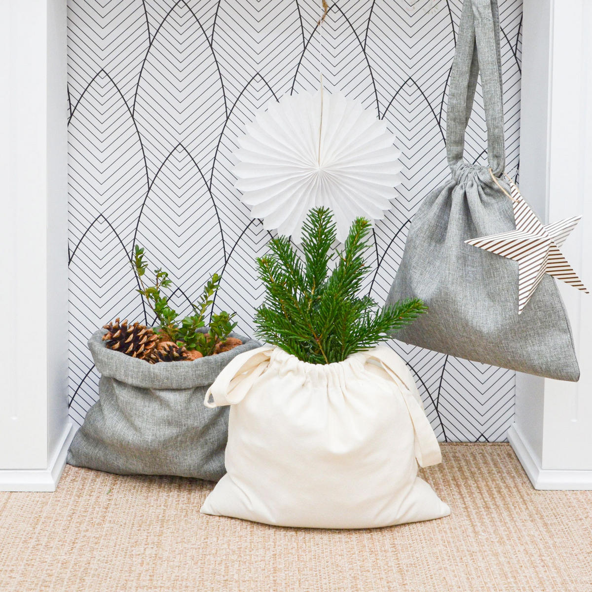 WEIHNACHTS-GESCHENKBEUTEL, 32/32 cm, Stoffbeutel, 6er Set - Grau, Kunststoff (32/1/32cm) - Dunedesign