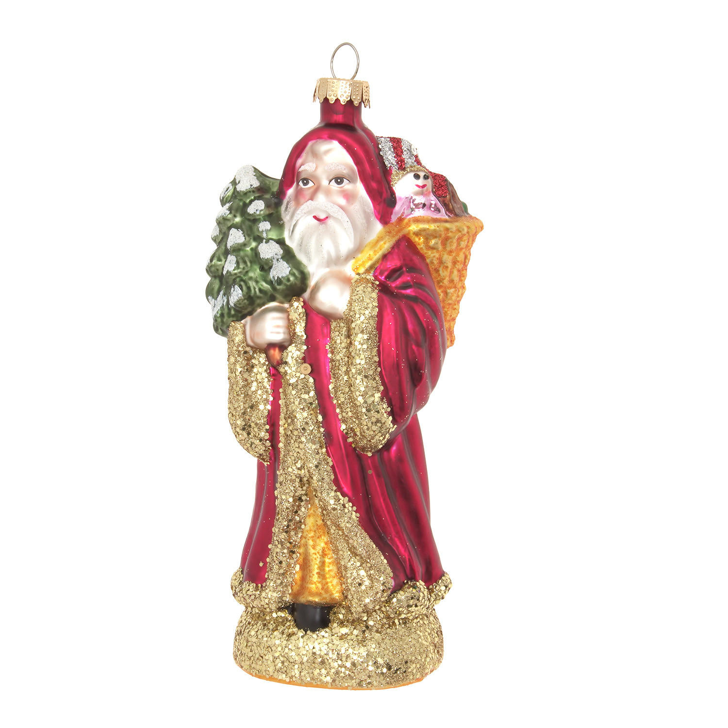 CHRISTBAUMSCHMUCK Santa mit Geschenkkorb und Baum Rot 17cm (Glas / 1 Stk.) - Rot, Glas (8/17/5cm) - Krebs Glas Lauscha