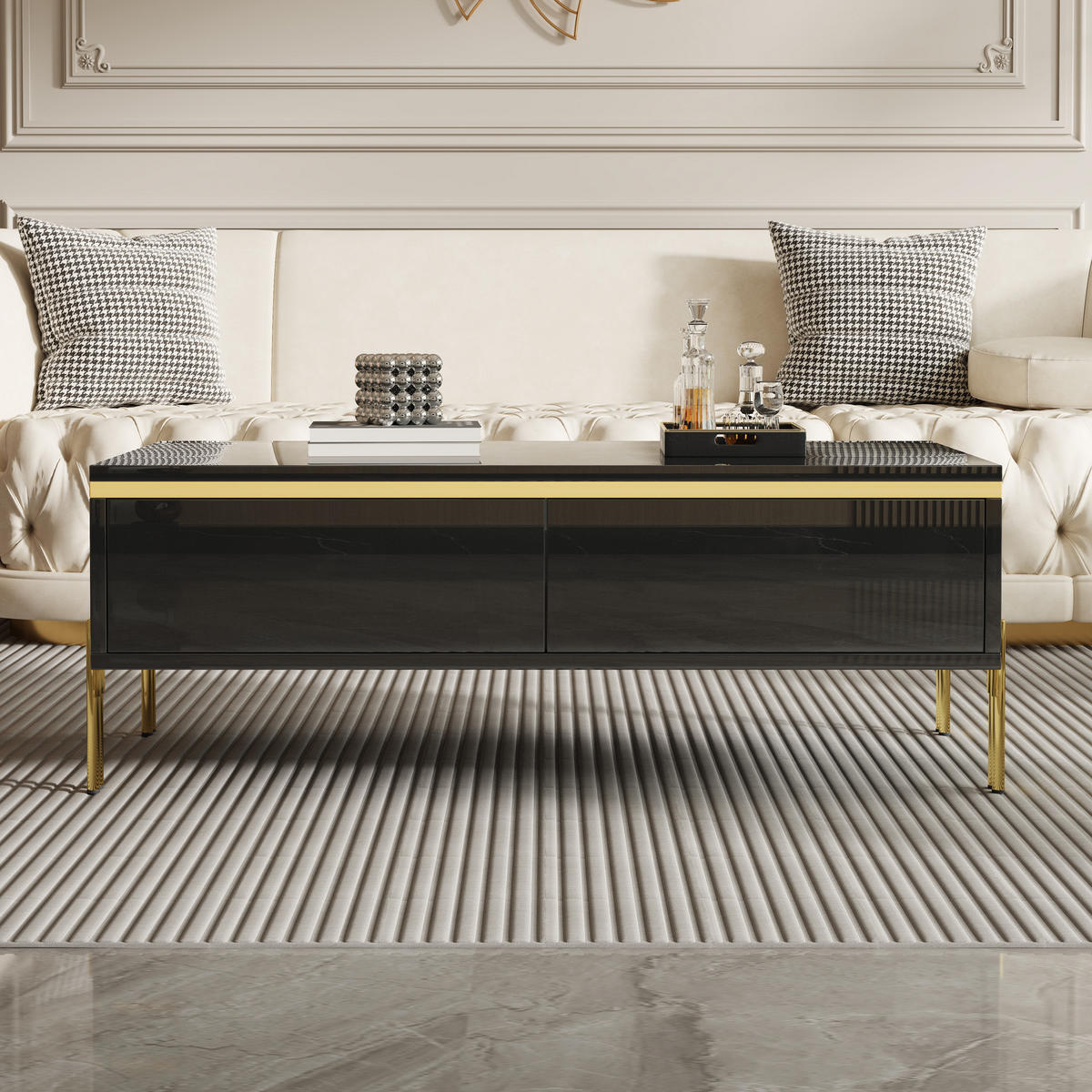 COUCHTISCH 100/50/36 cm Schwarz aus Holzwerkstoff mit beidseitigen Schubladen und Hochglanzoberfläche - Schwarz, Holzwerkstoff (100/50/36cm) - OKWISH