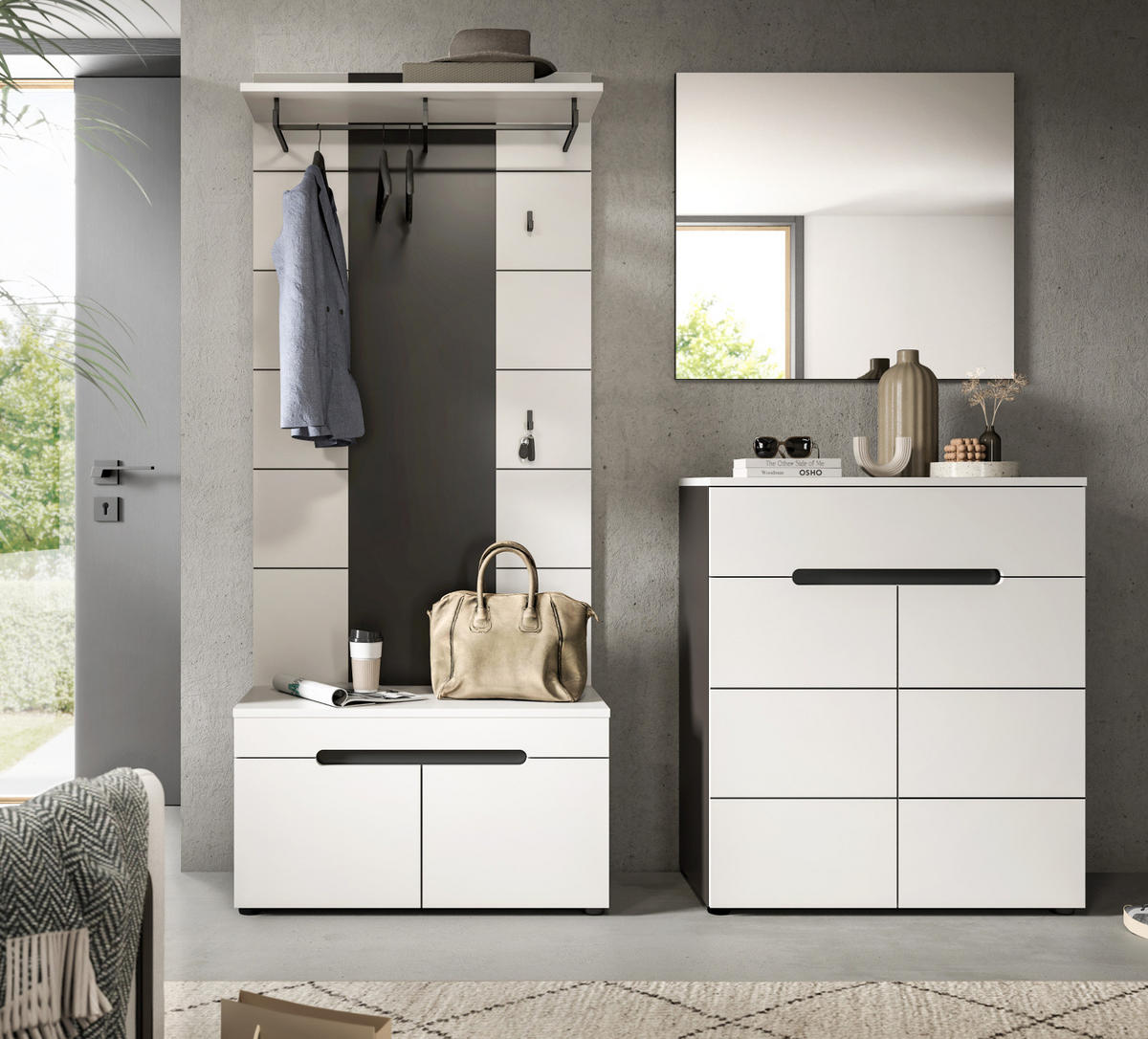 GARDEROBEN-SET 4-teilig weiß, grau 175 cm, Komplettset mit Soft-Close-Funktion, Cooper - Schwarz/Weiß, Glas/Holzwerkstoff (175/190/37cm) - Inn.Furn