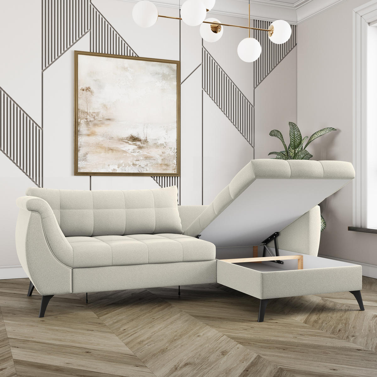 ECKSOFA MOLLIS Creme Geflochtener-Stoff mit Schlaffunktion - Creme, Holz (241/154cm) - MASSENO