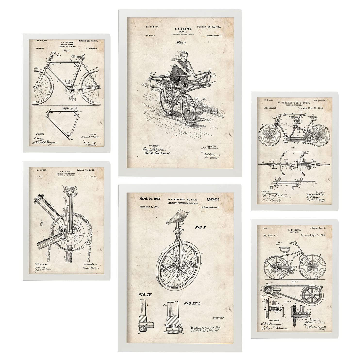 POSTER Set Mit 6 Plakaten Mit Fahrrad Patenten Im Vintage Stil A3 & A4 Weißer Rahmen - Weiß, Papier (29/3cm) - Nacnic