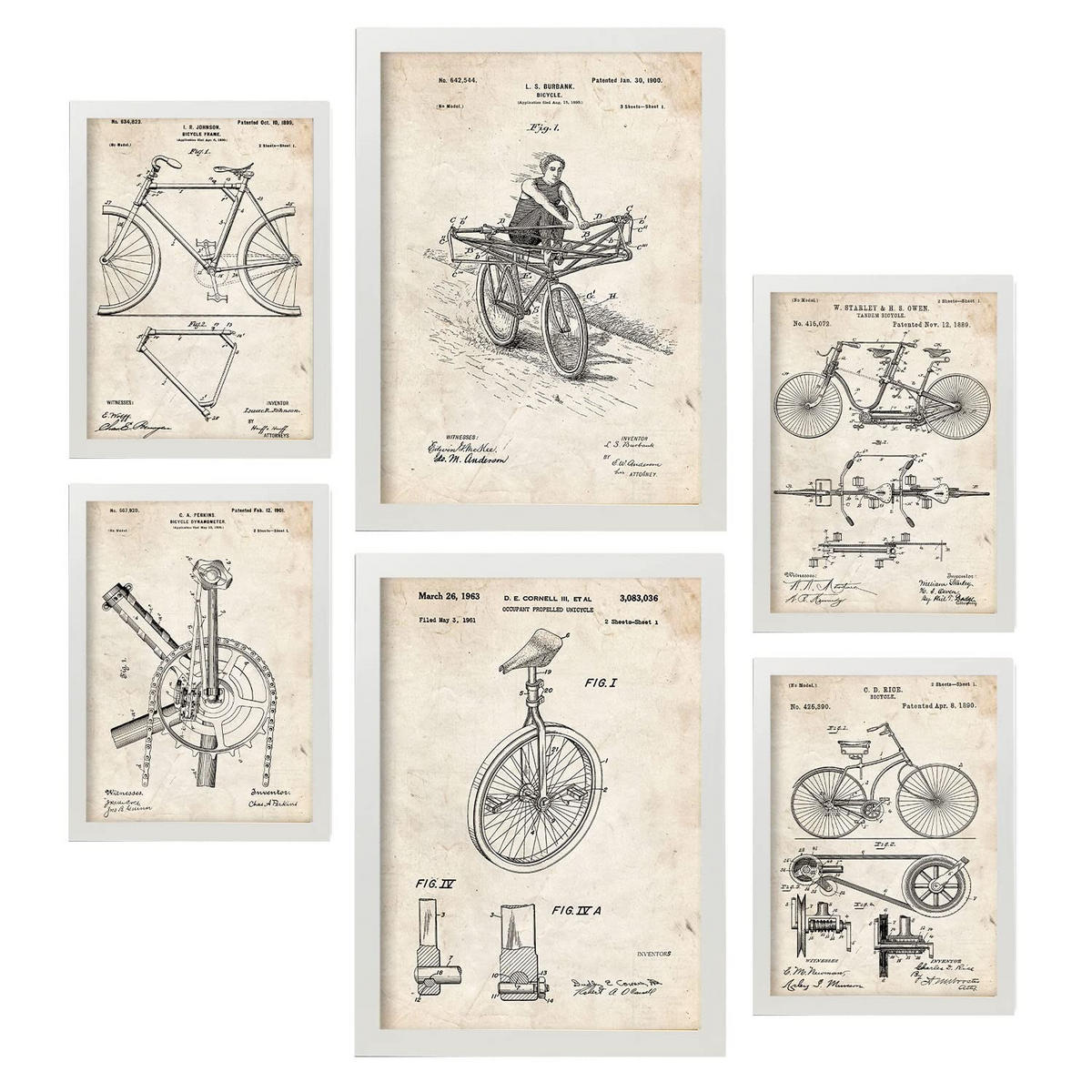 POSTER Set Mit 6 Plakaten Mit Fahrrad Patenten Im Vintage Stil A3 & A4 Weißer Rahmen - Weiß, Papier (29/3cm) - Nacnic